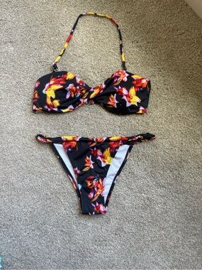 Floral Black Bandeau Bikini Set with Removable Strap